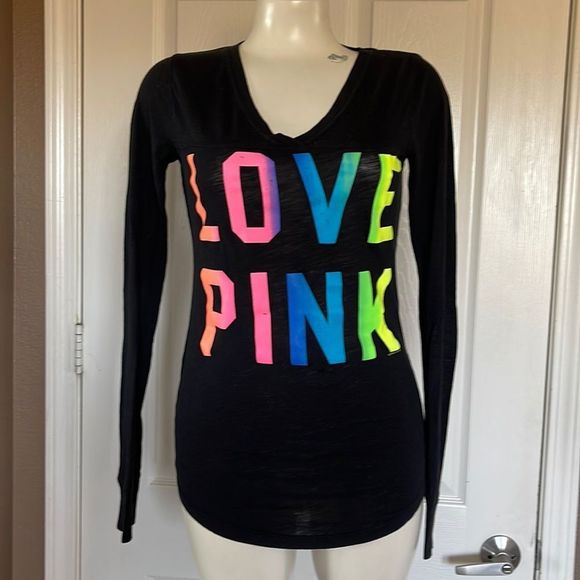 VS Pink Black long sleeve rainbow font Sz S - Picture 1 of 5